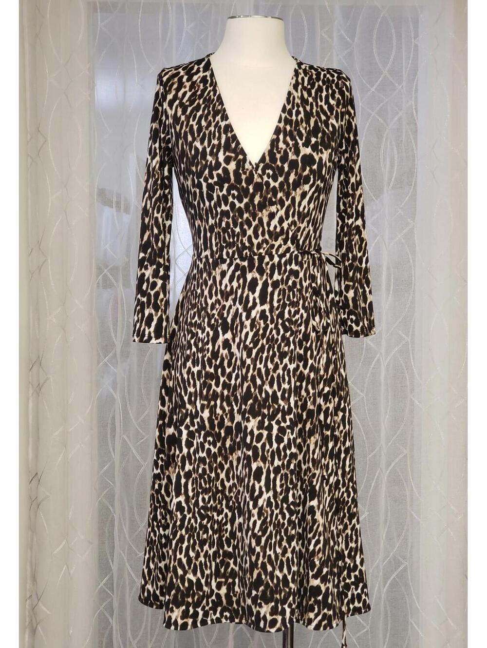 Banana Republic Women's Leopard Print V-Neck 3/4 Sleeves Tie Wrap Dress Sz XS